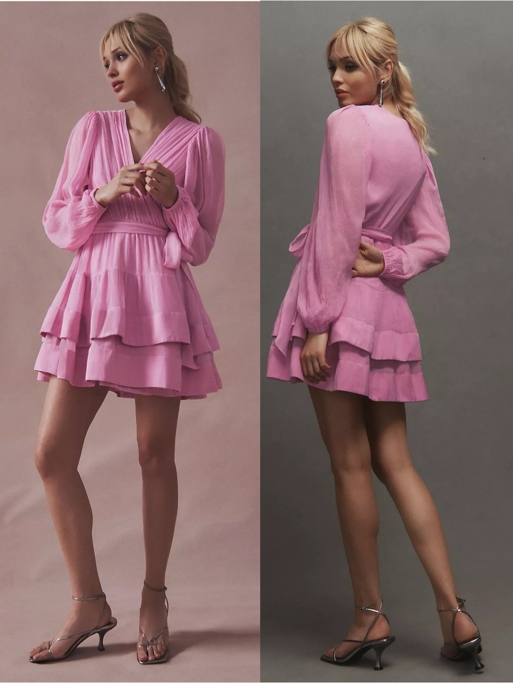 Anthropologie BHLDN Esme V-Neck Long-Sleeve Wrap Chiffon Mini Dress Pink